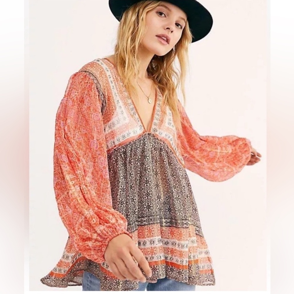 NWOT Free People Aliyah Orange Brown Gold Metallic Printed Boho Tunic Top Medium - Picture 4 of 15